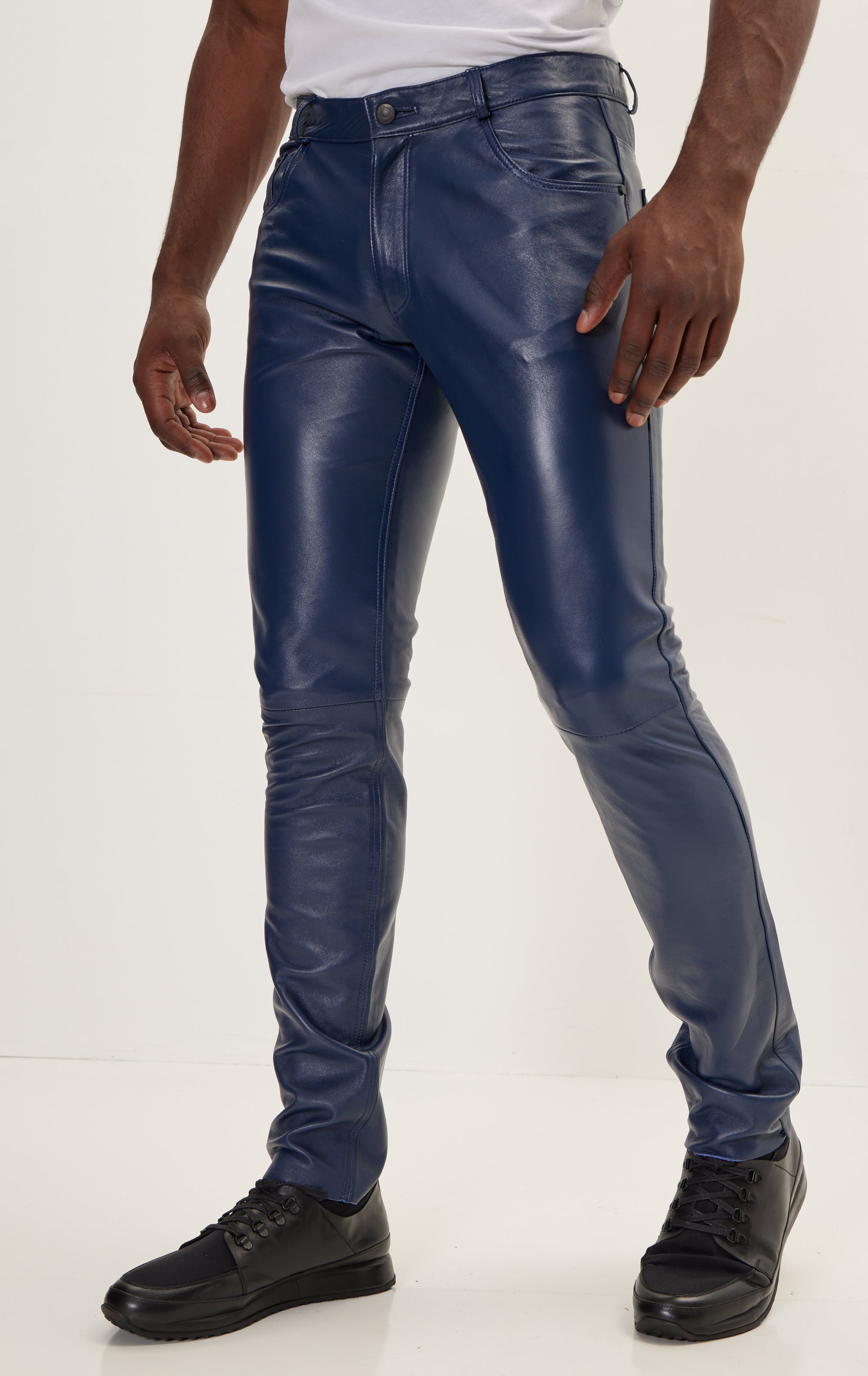 Men 100% Real Leather Bikers 5 Pockets Royal Blue & Black Pants Casual Pant  PL27 | eBay